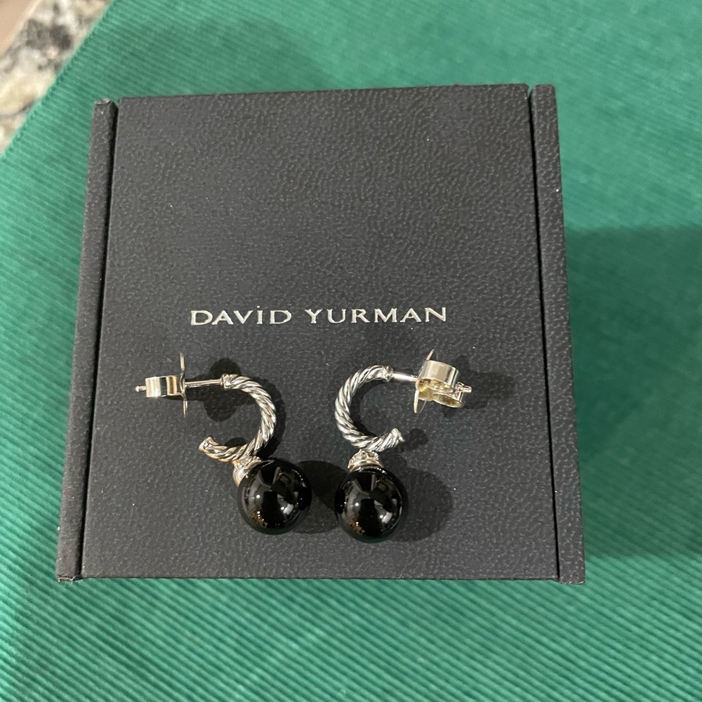 David Yurman diamond small hoops and onyx
